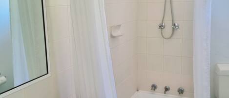 A bathroom with a bathtub, a sink, a shower, and a toilet.