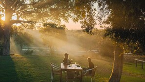 Two people sitting at a wooden table outdoors with a tree in the foreground and a misty background.