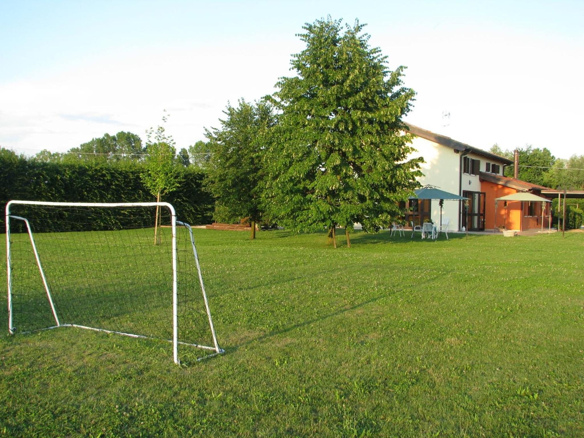 A grassy field with a soccer goal, a large tree, and a house with a patio.