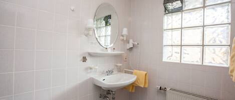 A bathroom with a white sink, mirror, and window.