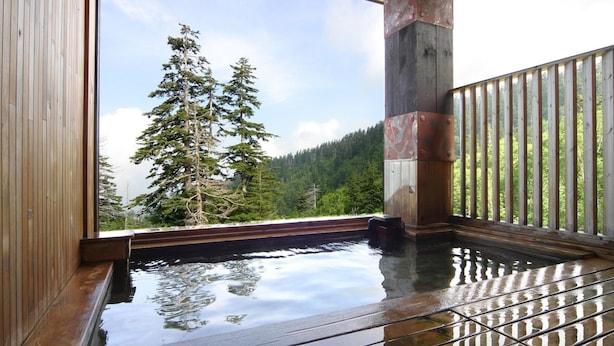 Terraza de madera con jacuzzi, baranda de madera y vistas a árboles y montañas.