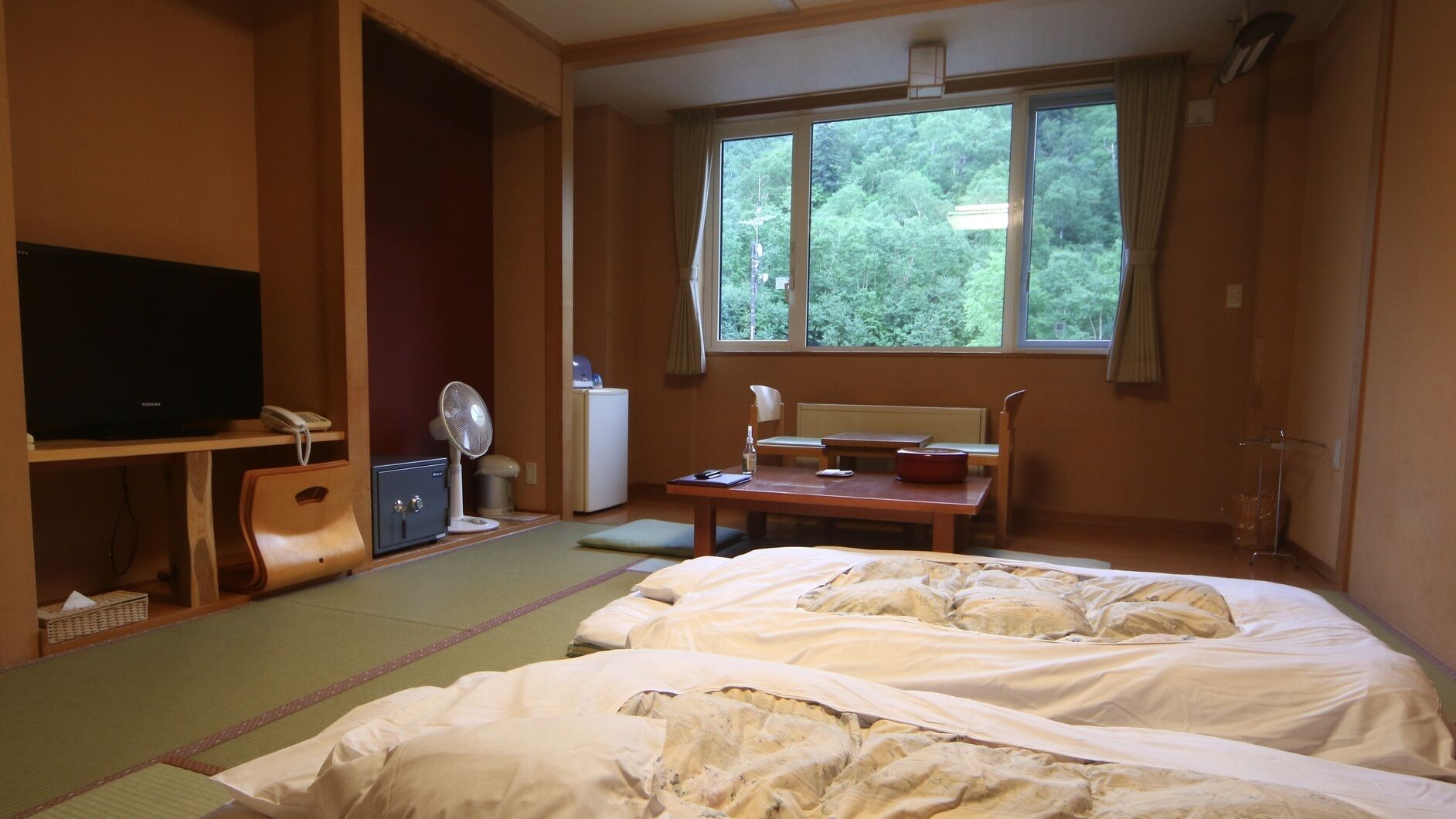 Een hotelkamer met een bed, een bureau met stoel, een televisietoestel en een raam met uitzicht op bomen.
