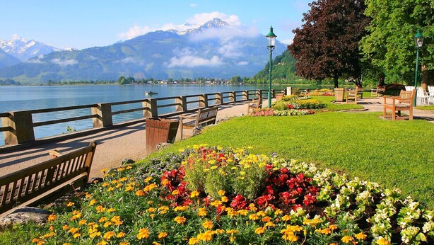 Un parque junto al lago con un banco de madera, macizos de flores y vistas a montañas.