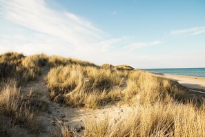 A sandy beach with dunes and a clear sky.
