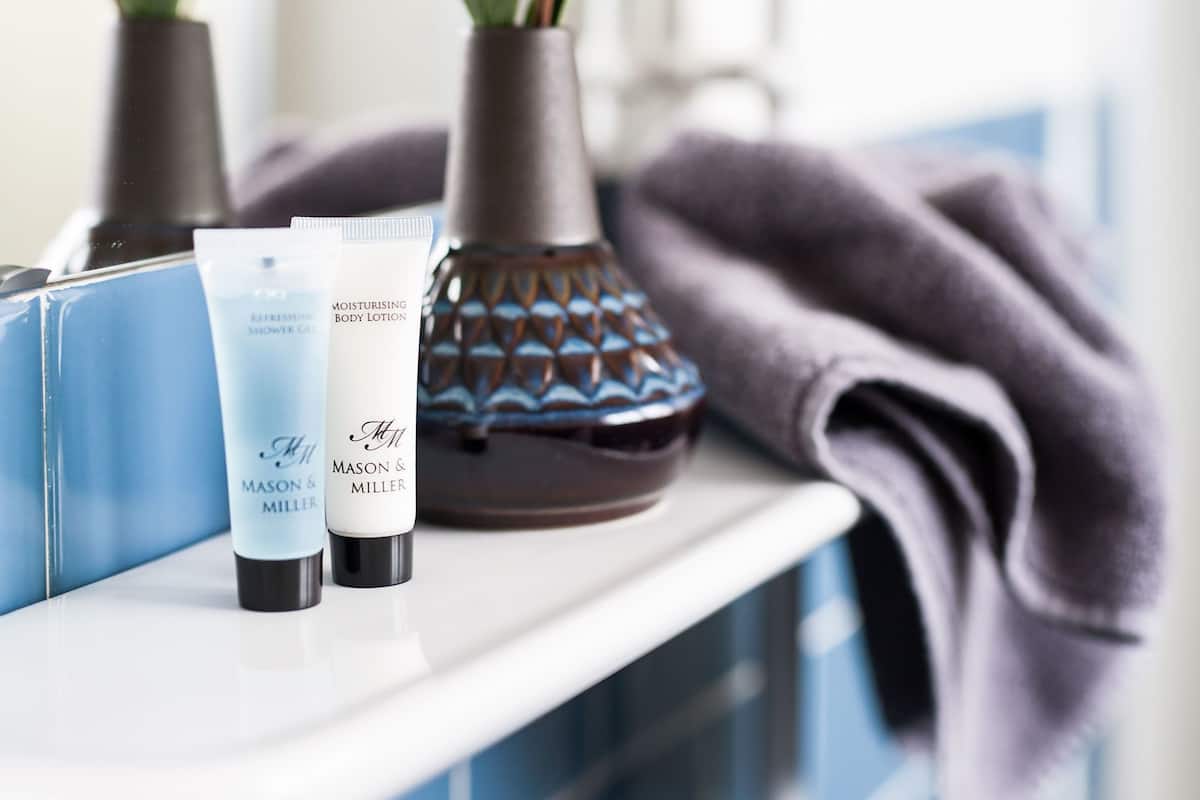 free toiletries, towels, soap, shampoo