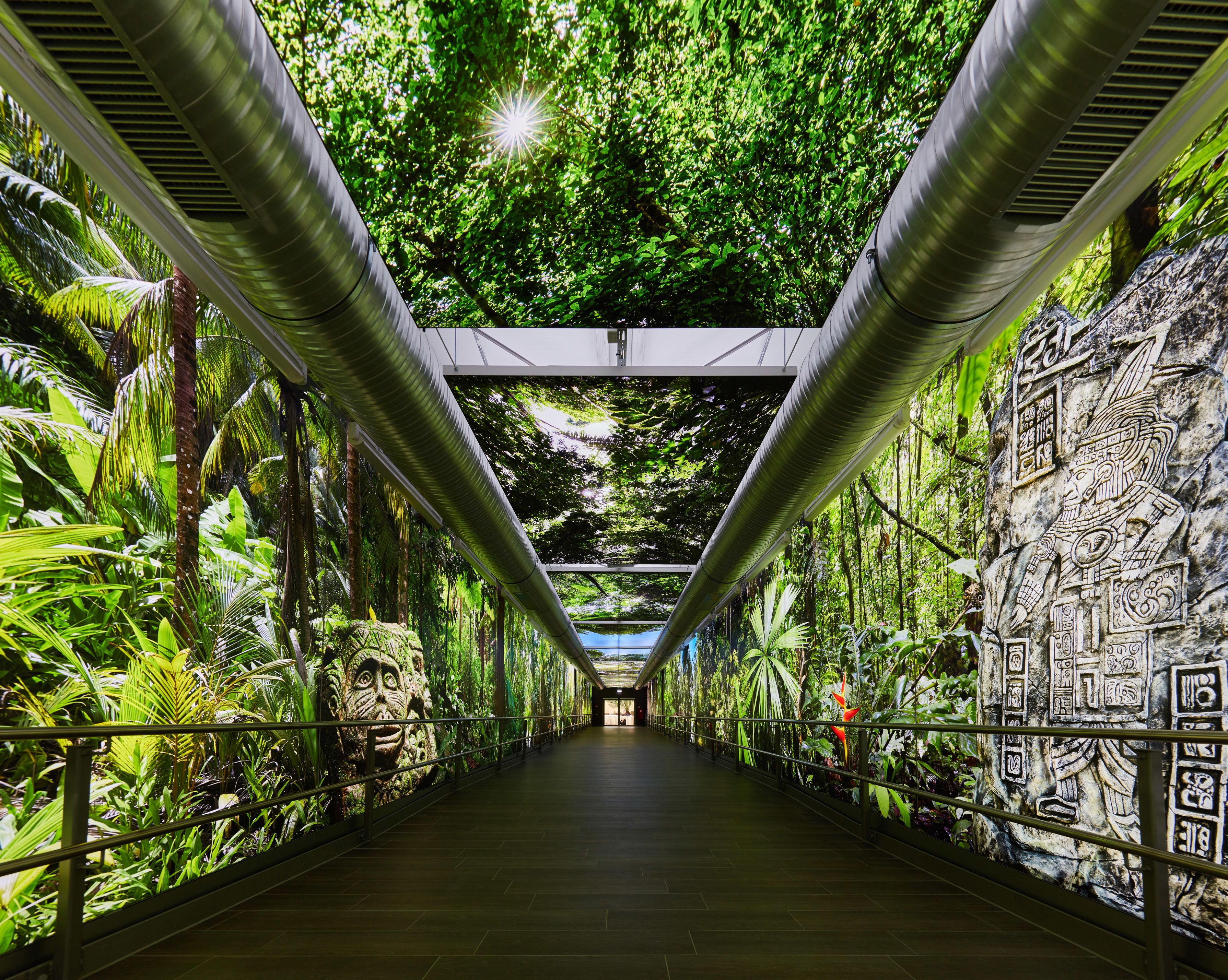 A tunnel with a green roof, surrounded by tropical plants and a mural with ancient carvings.