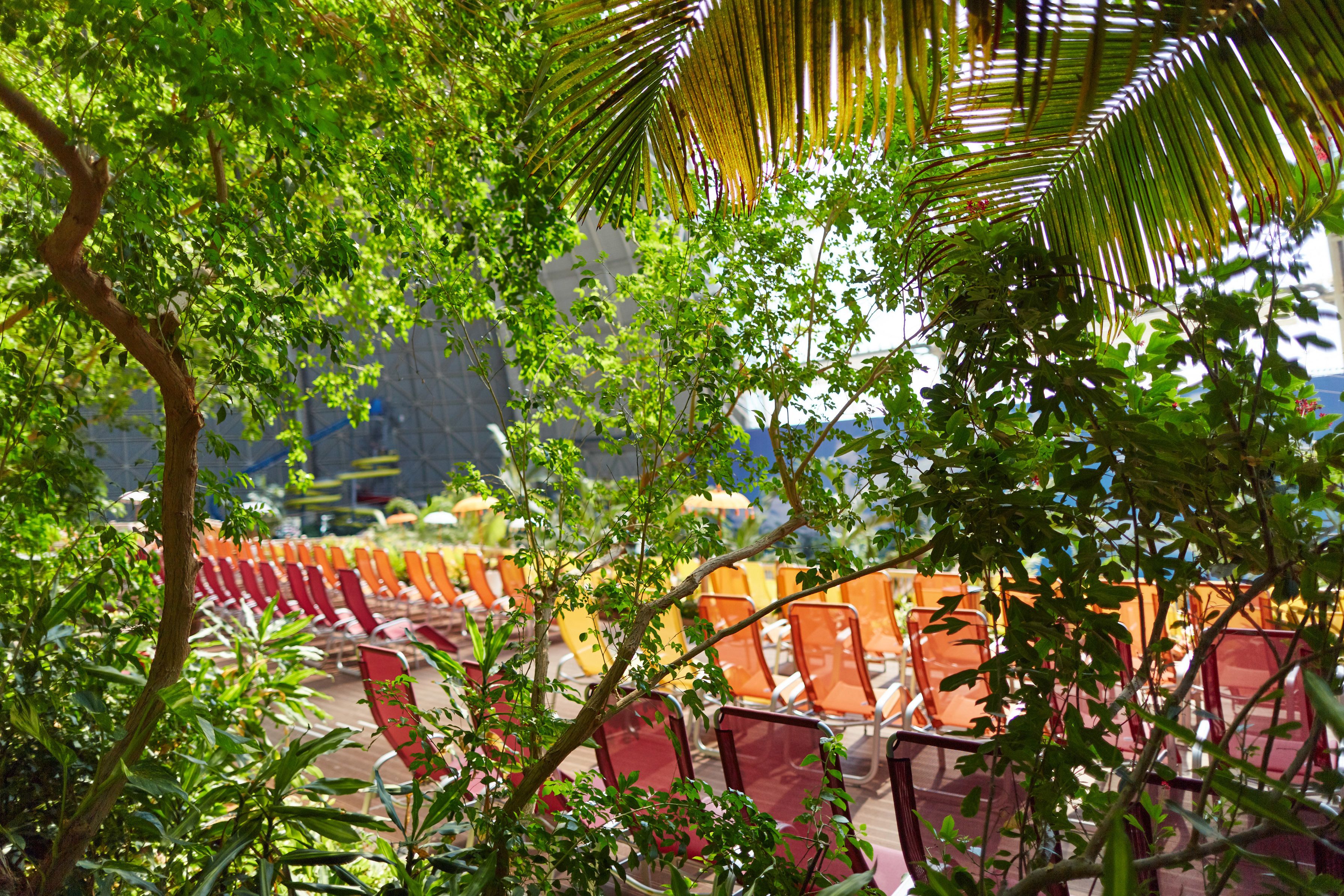 Rows of outdoor seating with a view of a mountainous landscape.