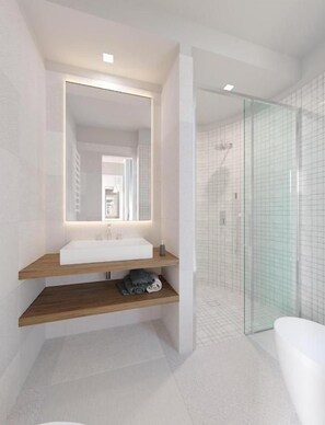 A modern bathroom with a white sink, wooden shelves, a glass shower enclosure, and a visible toilet. - Susy (Rimini)