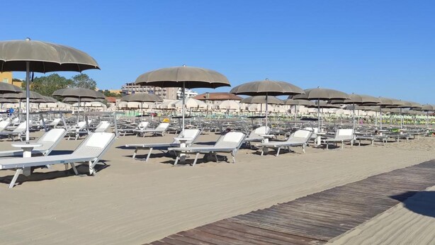Ein Strand mit Liegestühlen und Sonnenschirmen.