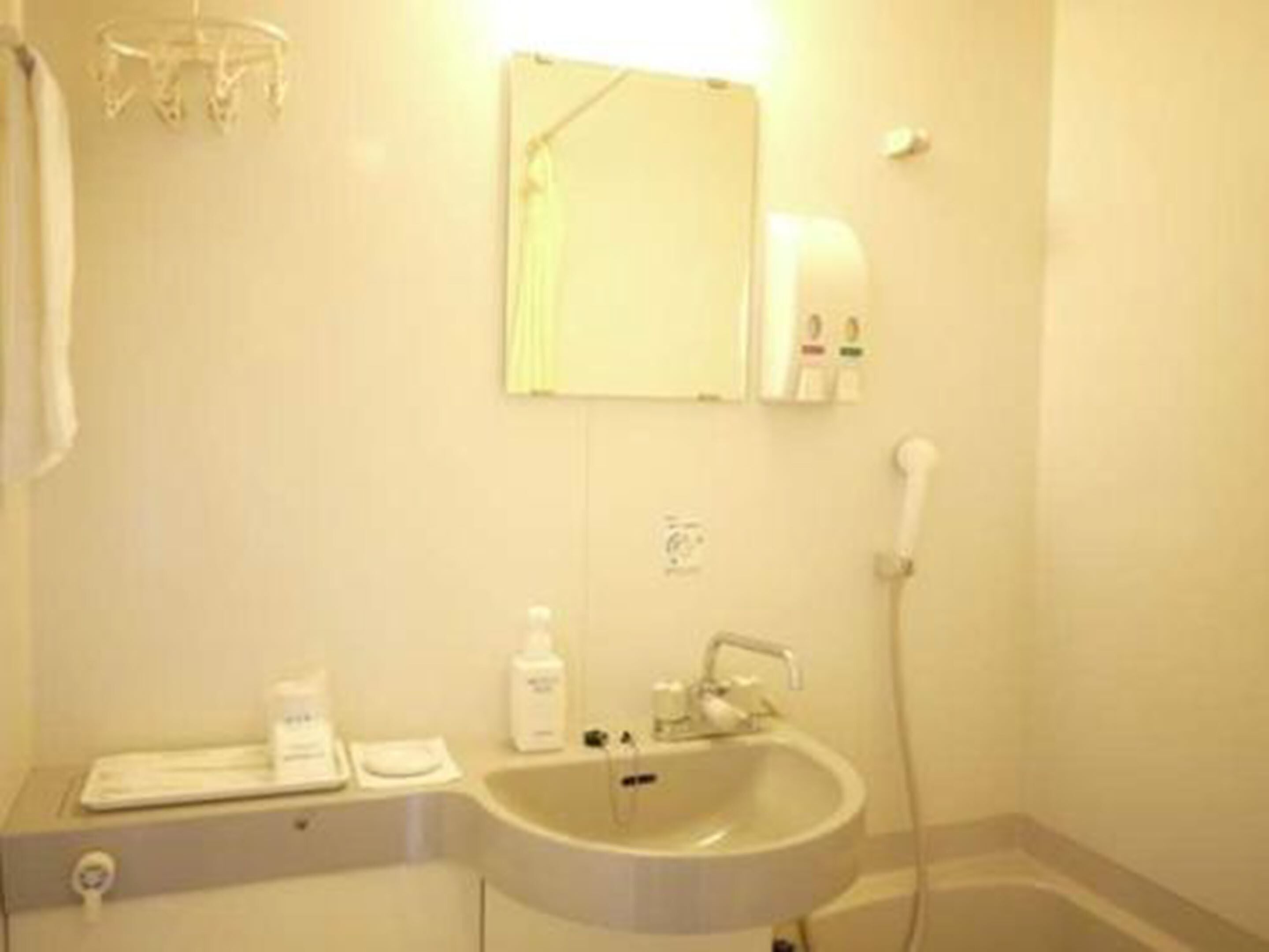 Baño con lavamanos, espejo, toallero y cabezal de ducha de mano.