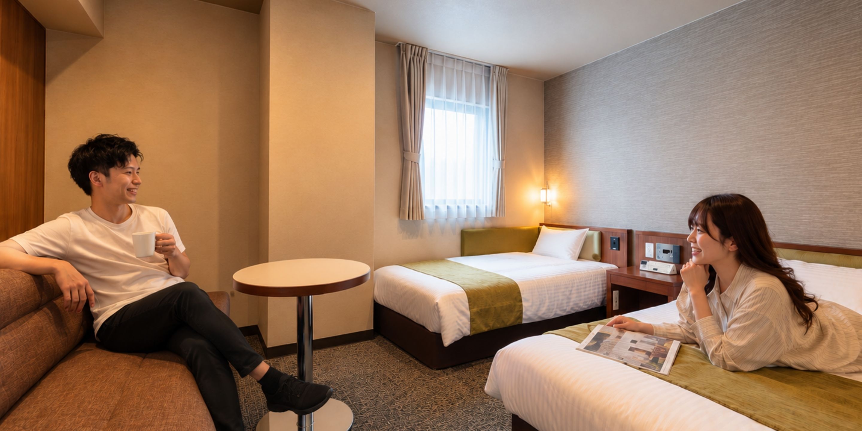 Una habitación de hotel con una cama, una pequeña mesa redonda y un sofá.