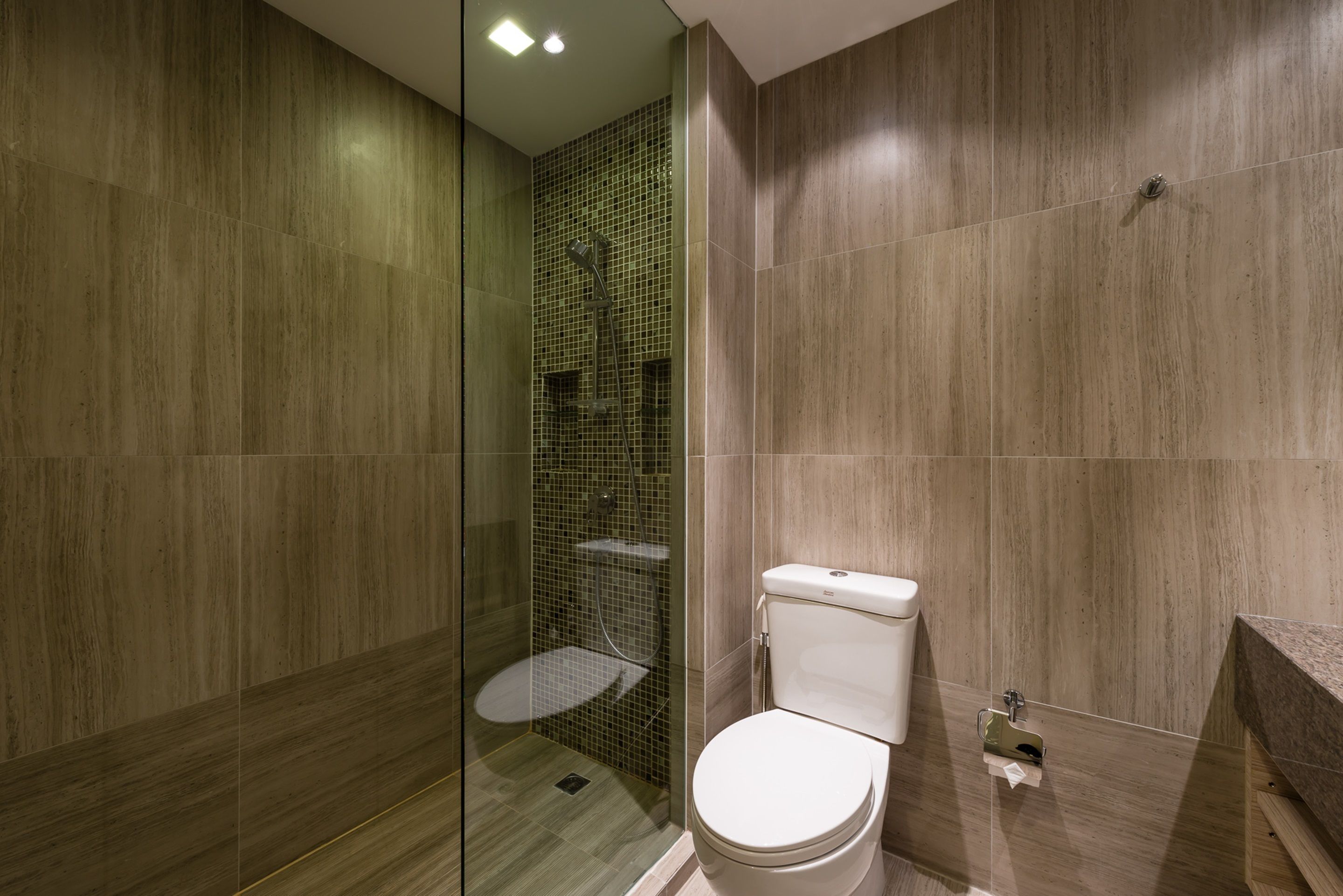 A modern bathroom with a glass-enclosed shower, a toilet, and a sink.