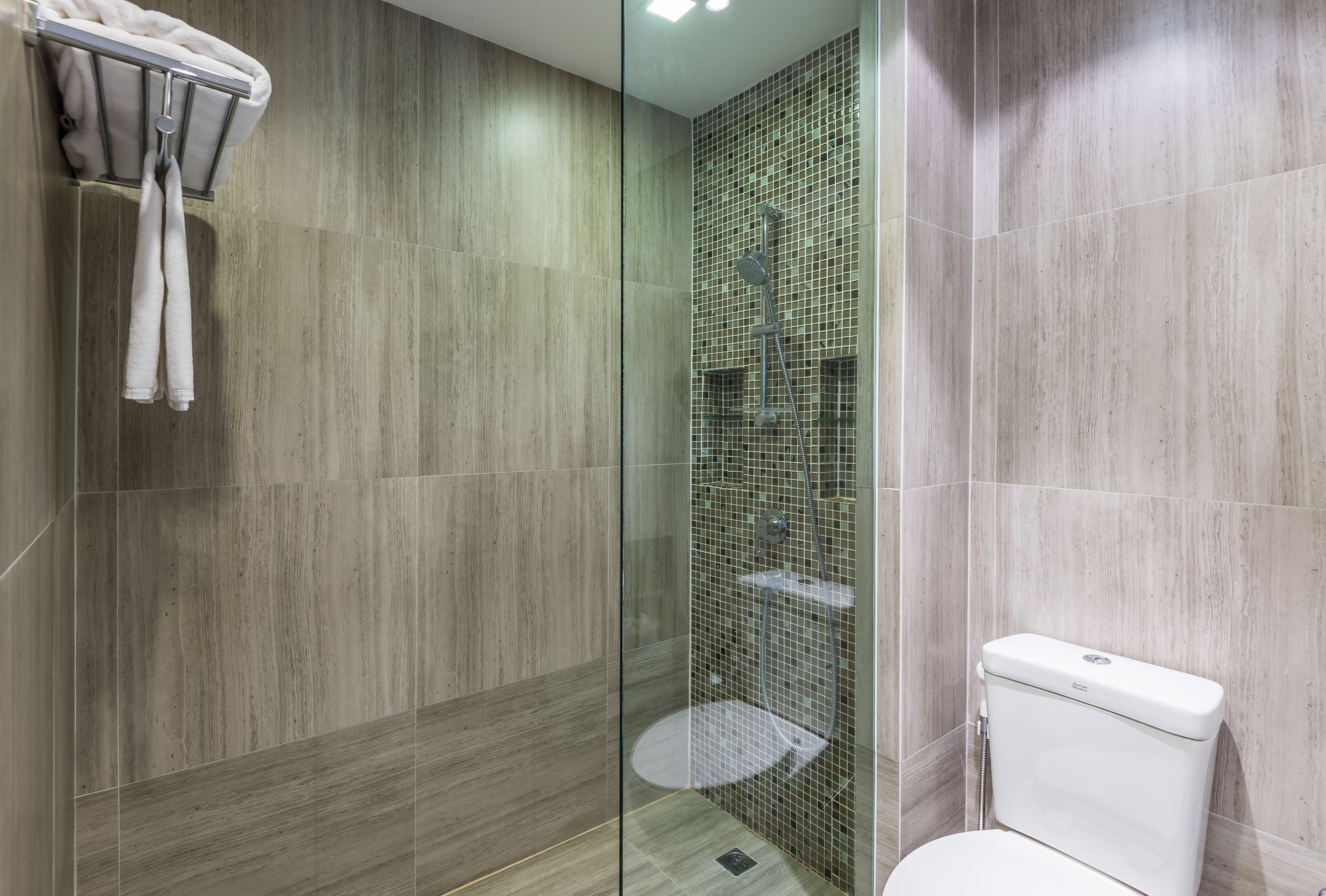 A modern bathroom with a glass-enclosed shower, a toilet, and a towel rack.