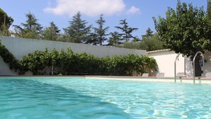 A swimming pool with clear water, surrounded by a low wall with climbing plants. - B&B Puglia Vista Mare (Monopoli)