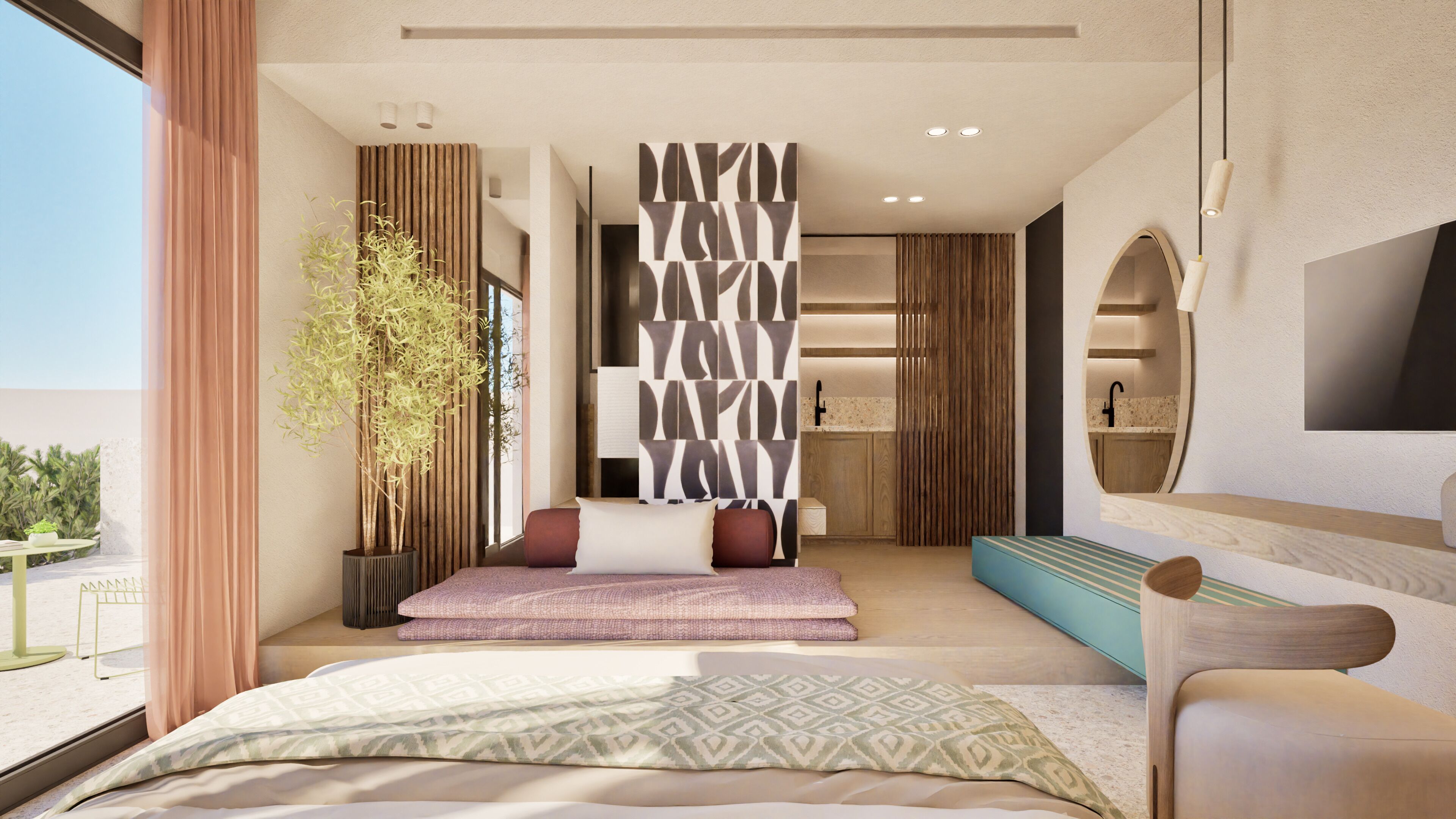 Un dormitorio moderno con una cama grande, una zona de estar con cojines, una planta en maceta y un televisor montado en la pared.