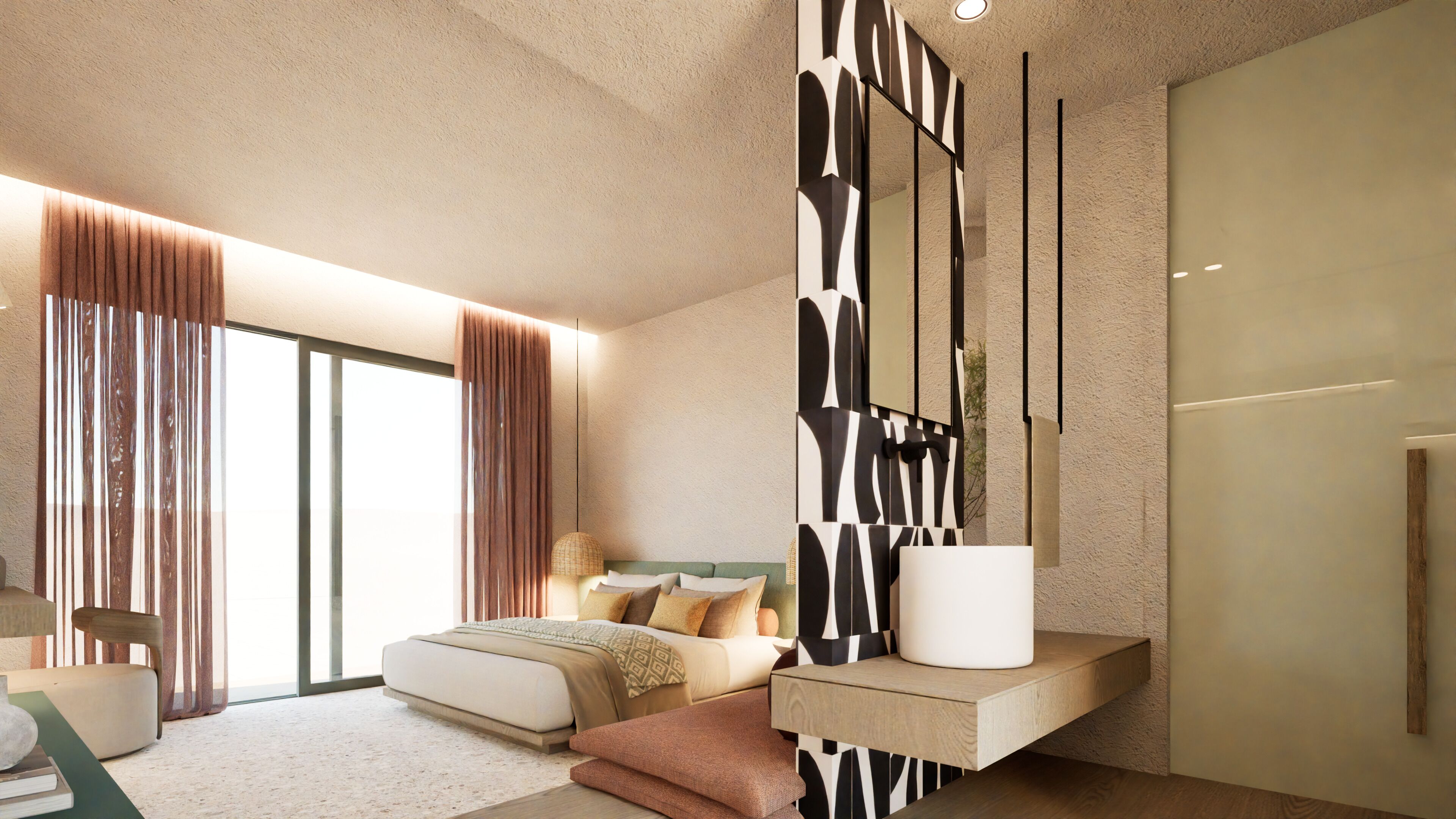 A modern bedroom with a large bed, a built-in wardrobe, and a large window with curtains.