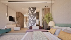 A modern hotel bedroom with a large bed, a TV, a desk, and a plant. - Hotel Pefkos Beach (Rhodes)