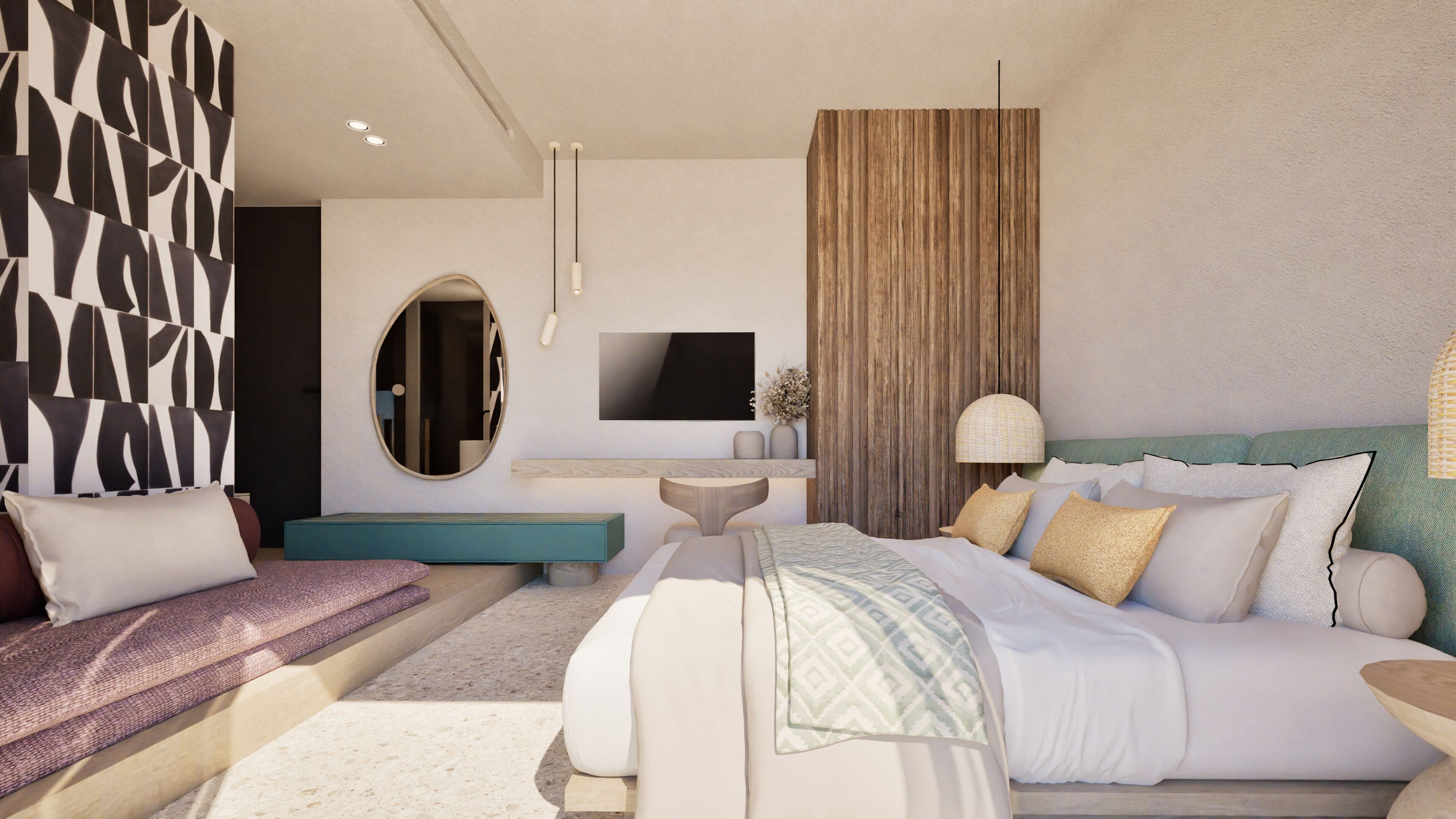 Une chambre d’hôtel moderne dotée d’un grand lit, d’un coin salon, d’une coiffeuse et d’un téléviseur.