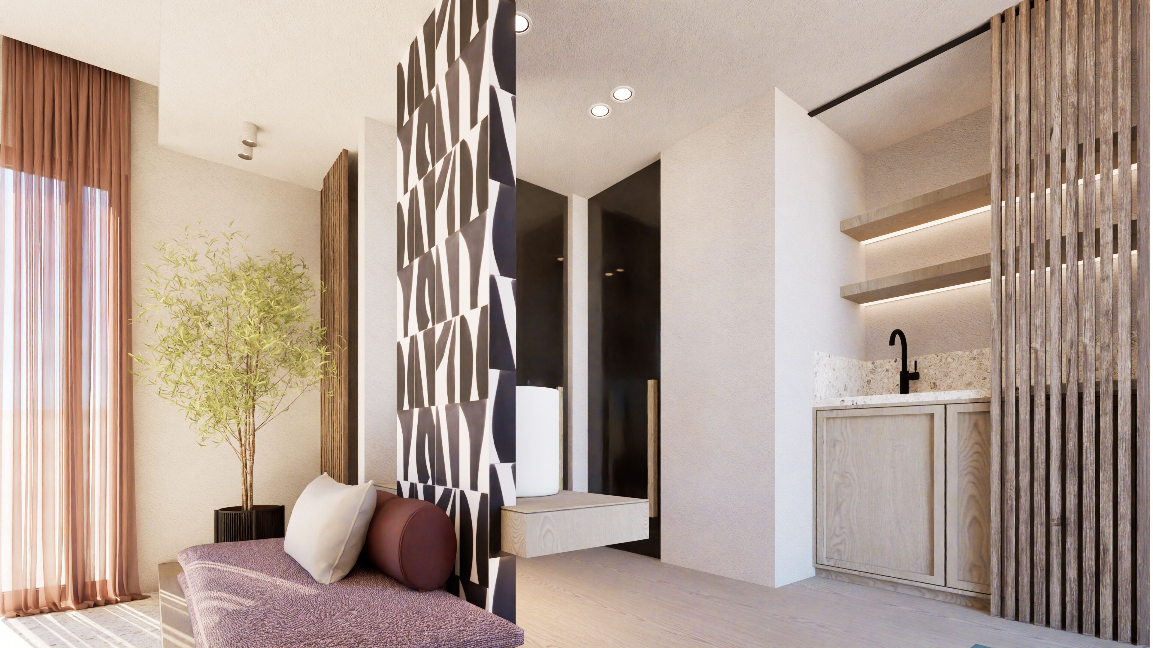 Een moderne slaapkamer met een bed, een potplant en uitzicht op de keuken.
