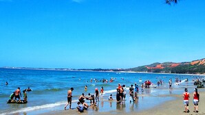 Une plage bondée où les gens pratiquent diverses activités.