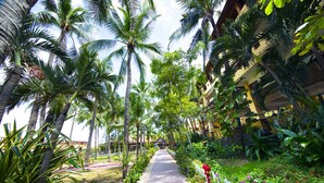 Un sentier bordé de palmiers et de plantes tropicales, qui mène à un bâtiment doté de balcons et entouré d’une clôture blanche.