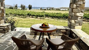 Patio de piedra con sillas de mimbre y una mesa, con vistas a un viñedo.