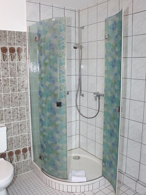 A shower with a glass door and a toilet in a corner bathroom. - Hotel Neustädter Hof (Titisee-Neustadt)