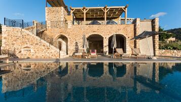 Seasonal outdoor pool, pool umbrellas, pool loungers