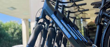 A row of bicycles with 'PERFECTA TRAVEL' branding, parked outside a building with a clear sky.