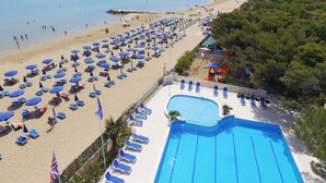 Ett semesterhotell vid stranden med en swimmingpool, solstolar och parasoller.