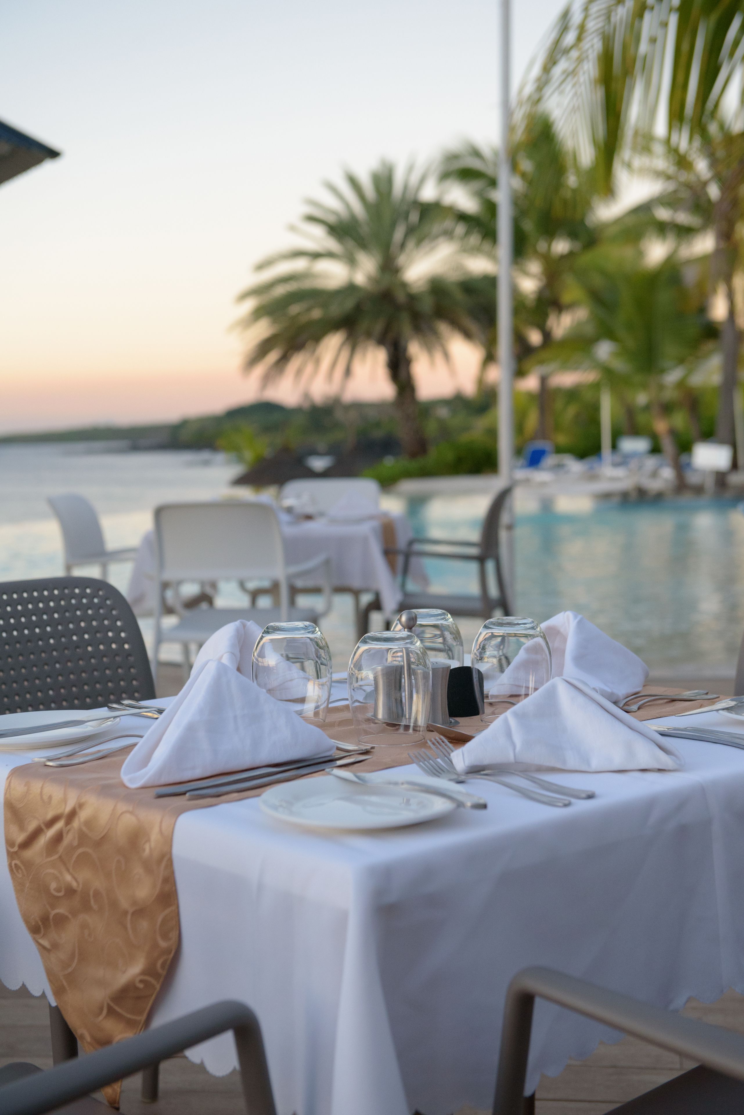 Mesa lista para comer con vistas a la piscina y palmeras.