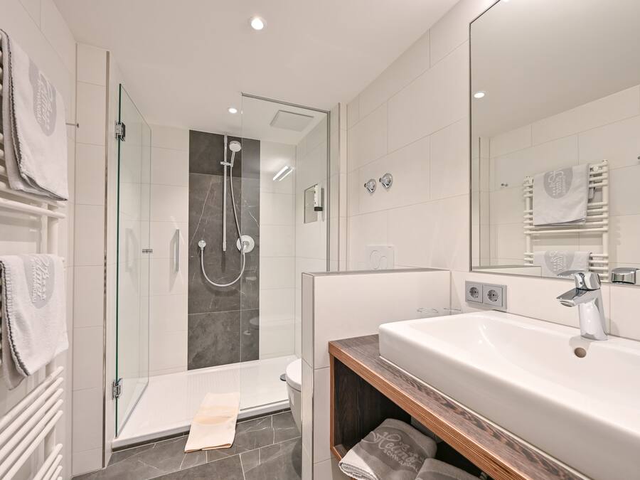 A modern bathroom with a glass-enclosed shower, a large sink, and a mirror.
