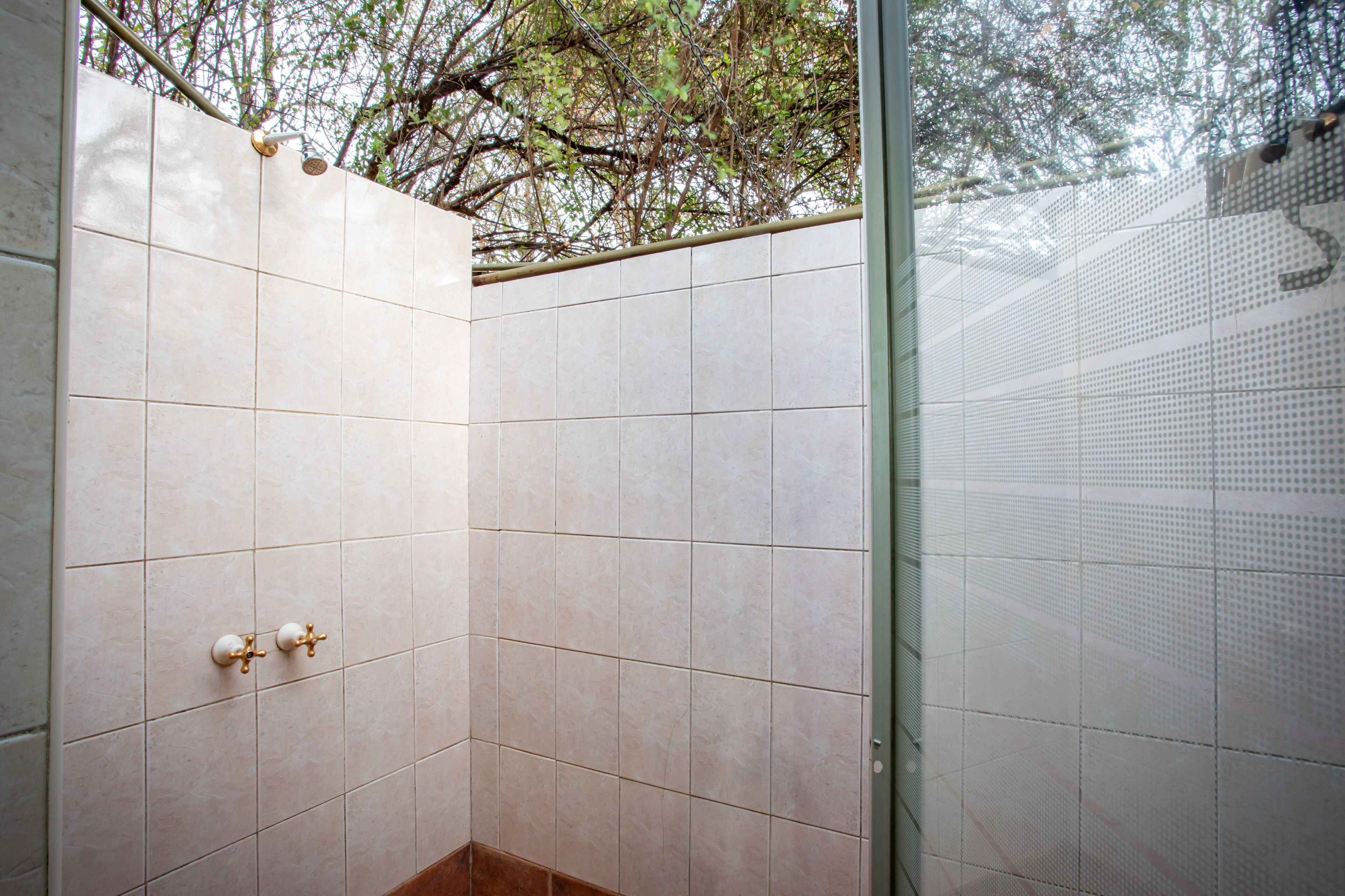 Un espace douche avec des murs carrelés et une porte en verre.