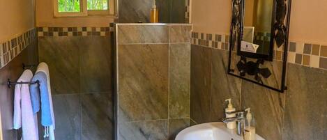 Baño con ducha, lavabo, espejo y ventana.