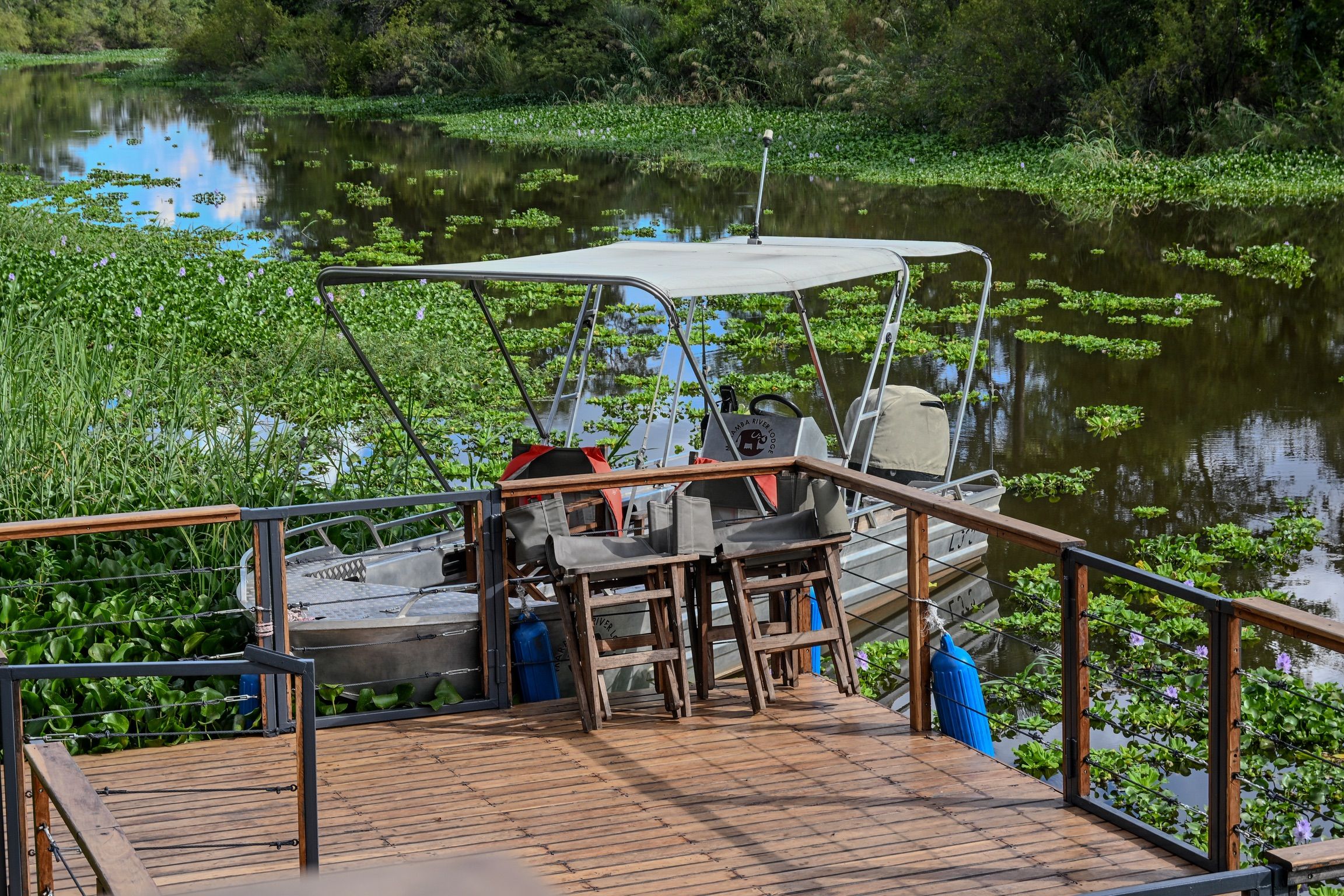 A boat docked at a wooden pier with a canopy, surrounded by water and greenery.