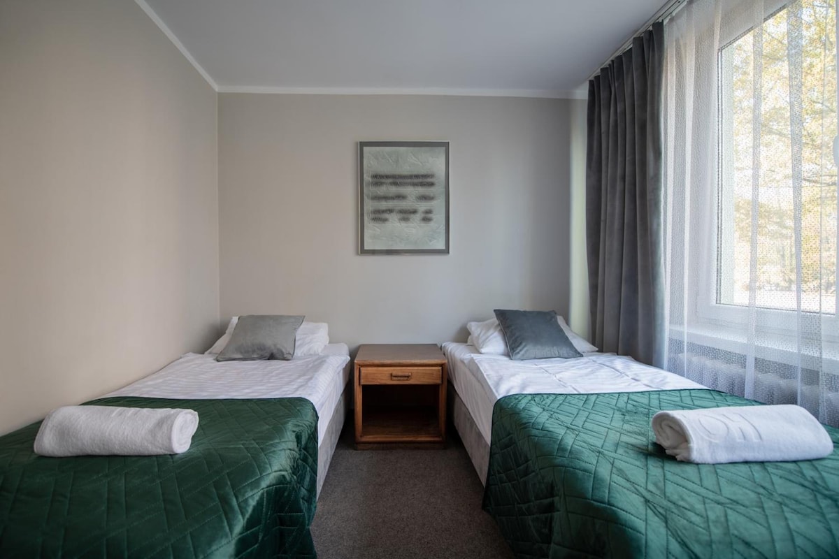 Habitación de hotel con dos camas individuales, una mesita de noche de madera, un cuadro en la pared y una ventana con cortinas.