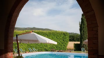 Seasonal outdoor pool, pool umbrellas, sun loungers