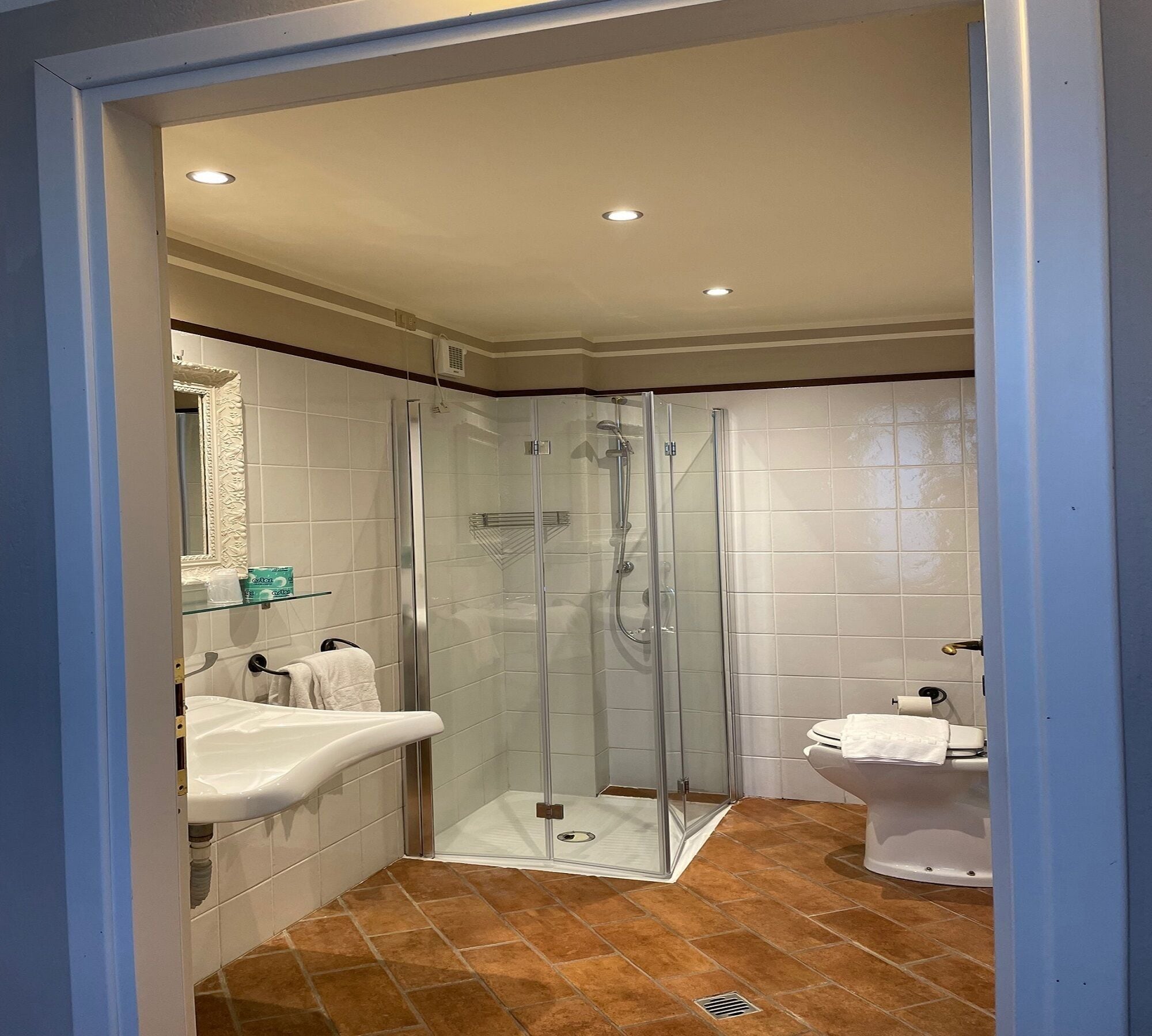 A bathroom with a glass-enclosed shower, a white sink, and a toilet.