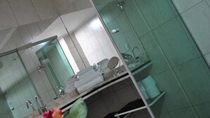 A modern bathroom with a glass shower enclosure, a sink with a mirror, and a potted plant with flowers. - Pinheiro Palace Hotel (Rio Branco)