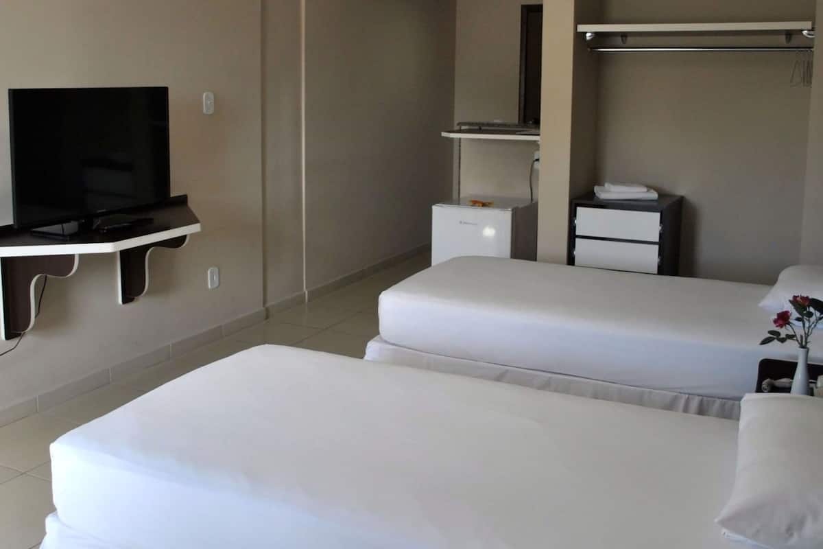 A hotel room with two beds, a TV, a wardrobe, and a small bedside table with a vase of flowers.