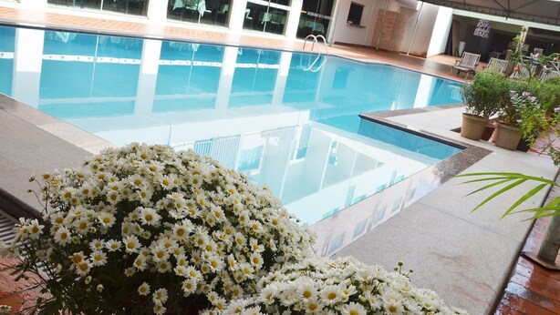 An indoor swimming pool with clear water, surrounded by potted plants and a tiled floor. - Pinheiro Palace Hotel (Rio Branco)