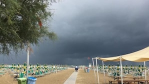 A beach with a pathway, beach chairs, and umbrellas.