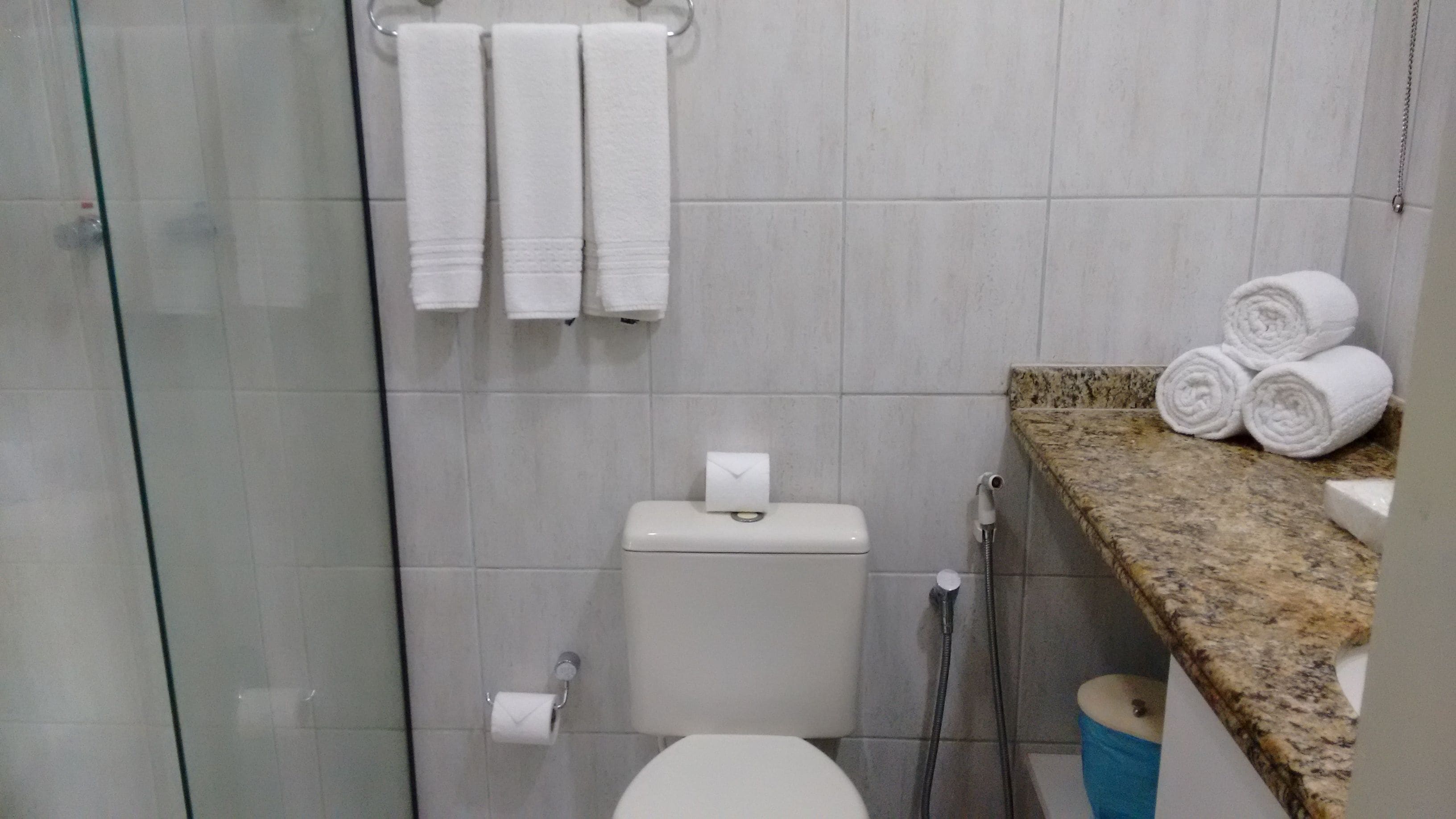 Un baño con inodoro, ducha y zona de lavamanos. Hay toallas colgadas en un perchero y una pila de toallas enrolladas en la encimera.