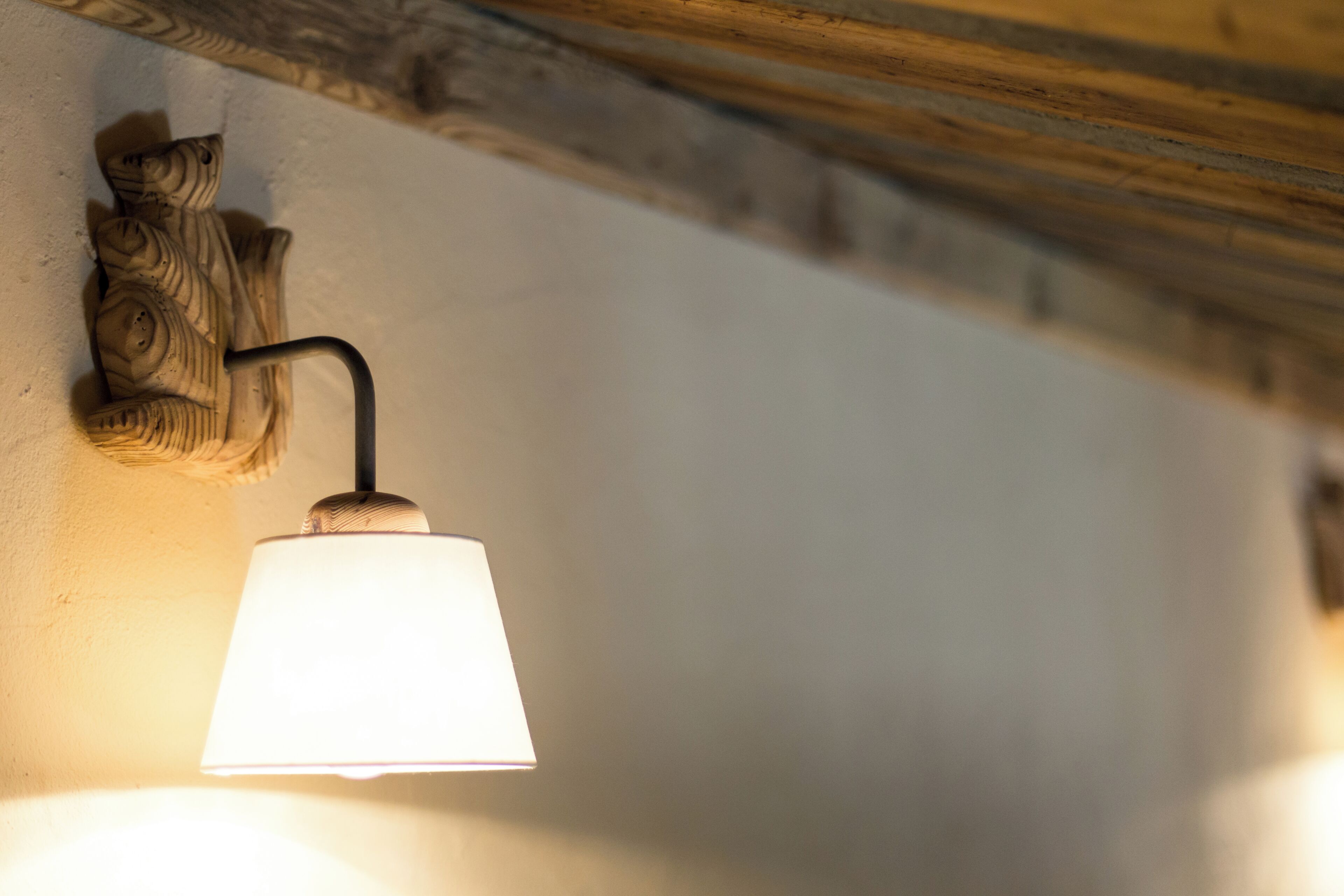 Une lampe murale dont le support présente une texture en bois.