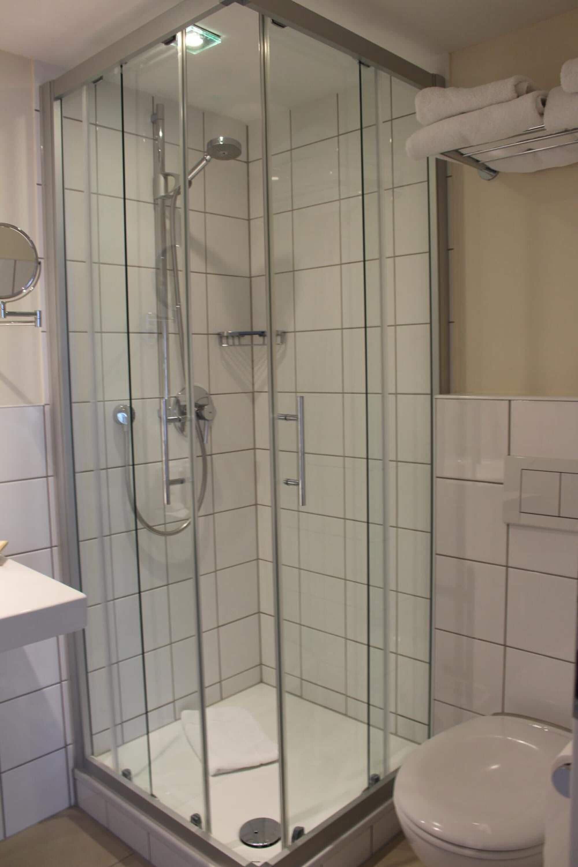 A glass-enclosed shower stall with a toilet and a towel rack visible.