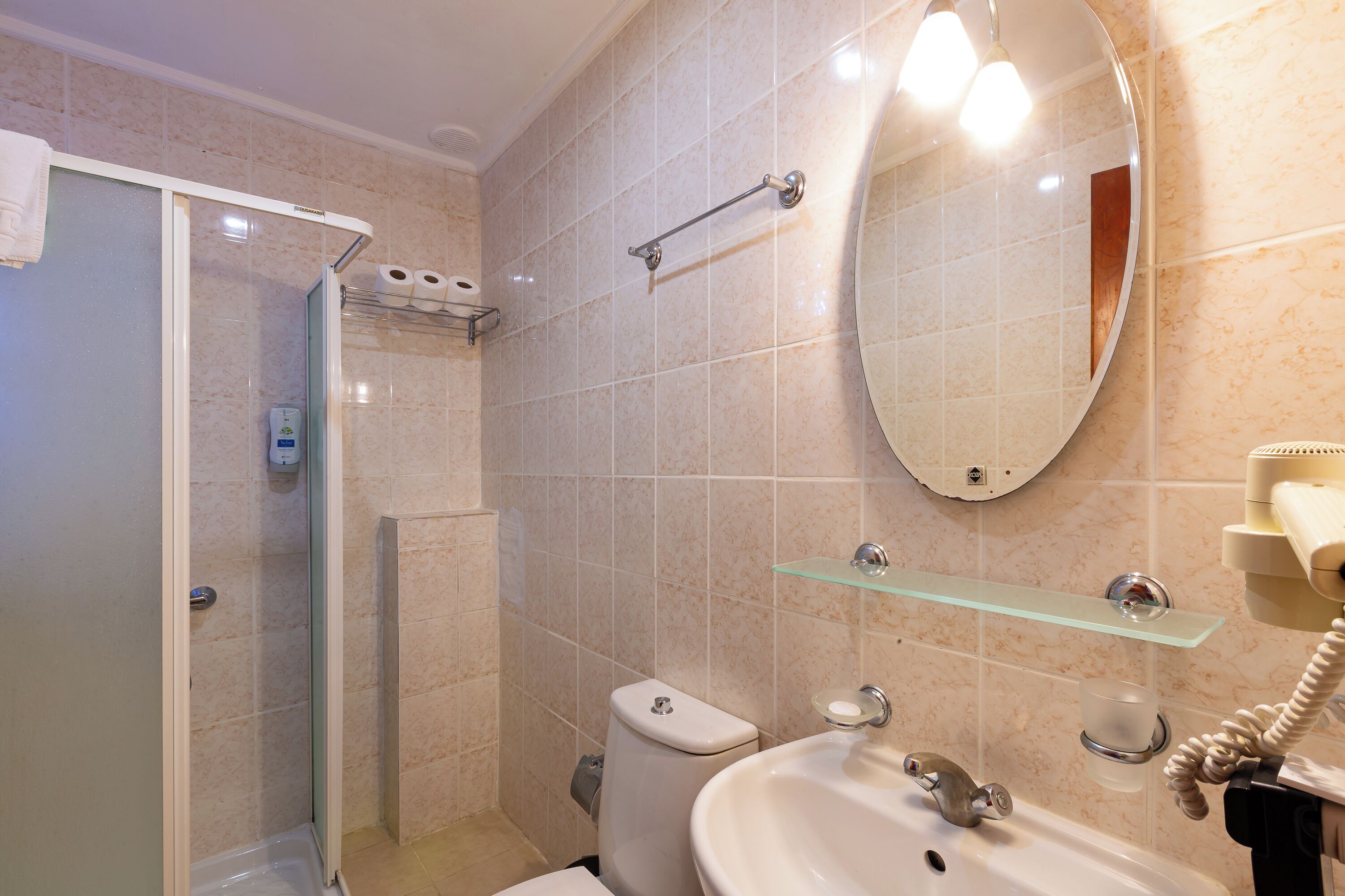 Un baño con cabina de ducha de vidrio, inodoro, lavabo con espejo y repisa de vidrio.