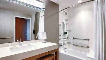 Hair dryer, towels, soap, shampoo