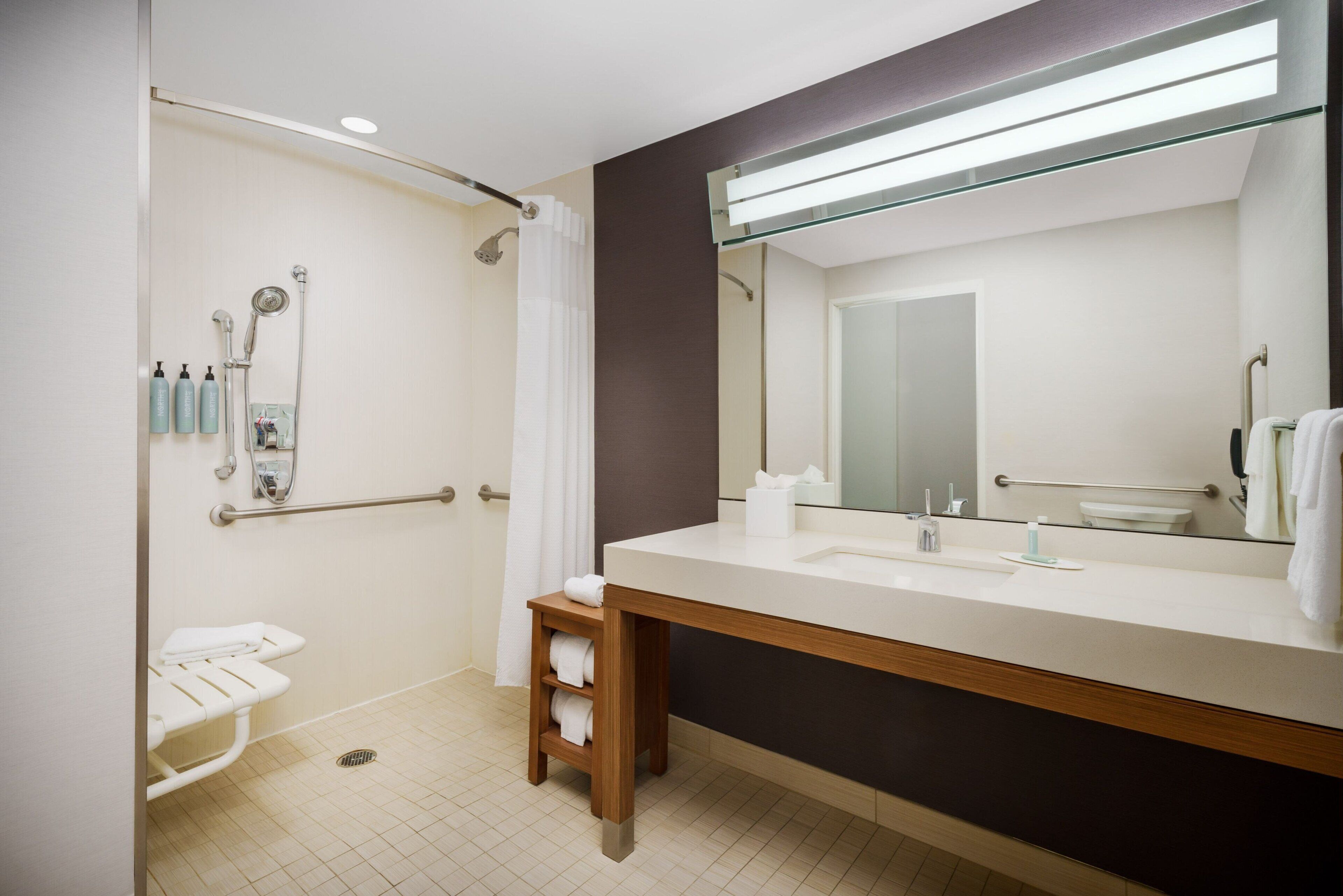 room, 1 king bed with sofa bed (mobility accessible, roll-in shower) | bathroom | hair dryer, towels, soap, shampoo