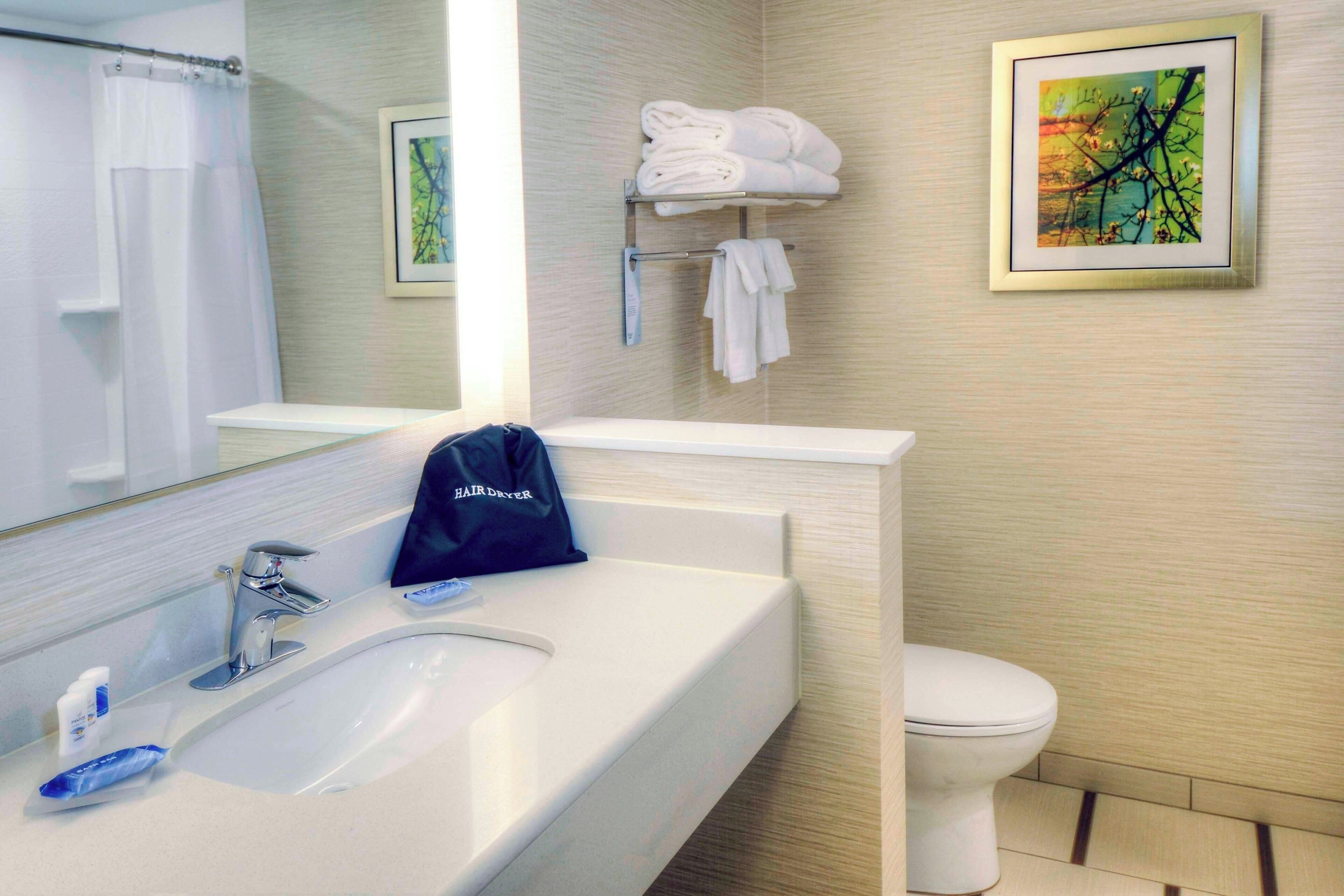 free toiletries, hair dryer, towels