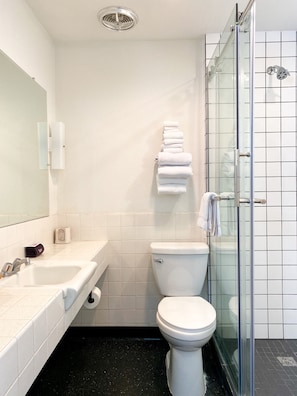 A bathroom with a toilet, sink, and glass shower enclosure.